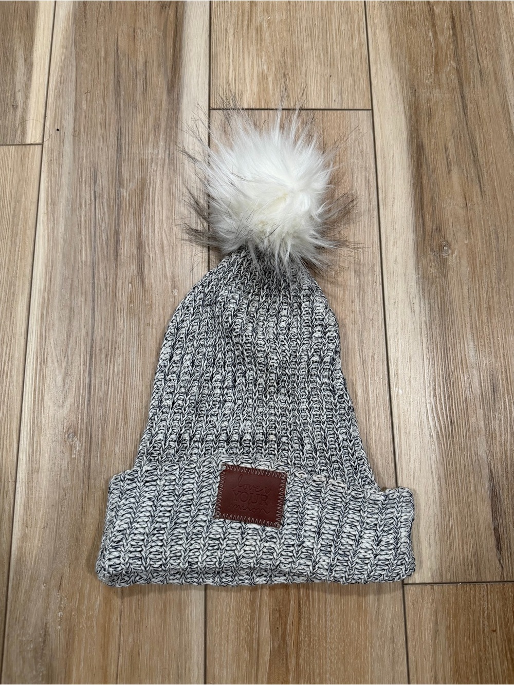 Love your Melon Gray Knit Pom Beanie Hat with Faux Fur Pom